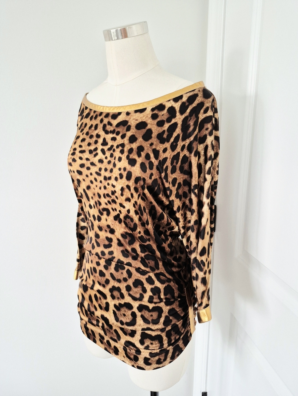 Vtg 90s D&G Leopard Rose Gold Leather Trim 3/4 Flared Slv Tunic Top Luxury Retro - Picture 3 of 11